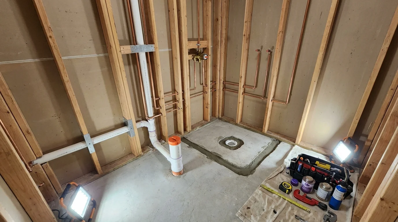 Bathroom rough-in plumbing during remodel by Johns Plumbing LLC in Corrigan