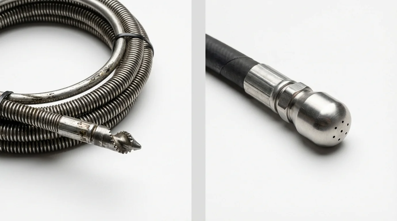 Drain snake cable and hydro jetting nozzle used for drain cleaning in Corrigan, TX