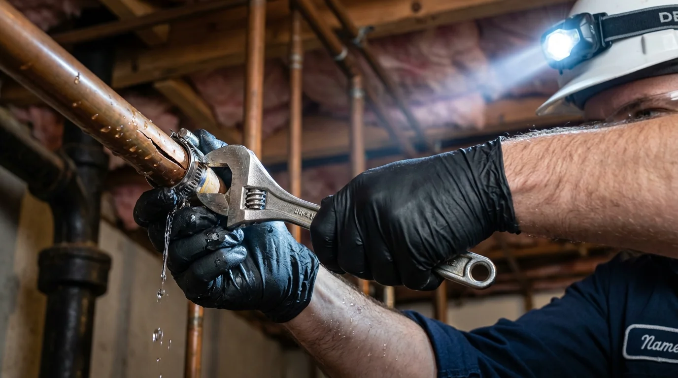 Emergency pipe clamp repair being performed by a Johns Plumbing LLC plumber in Corrigan
