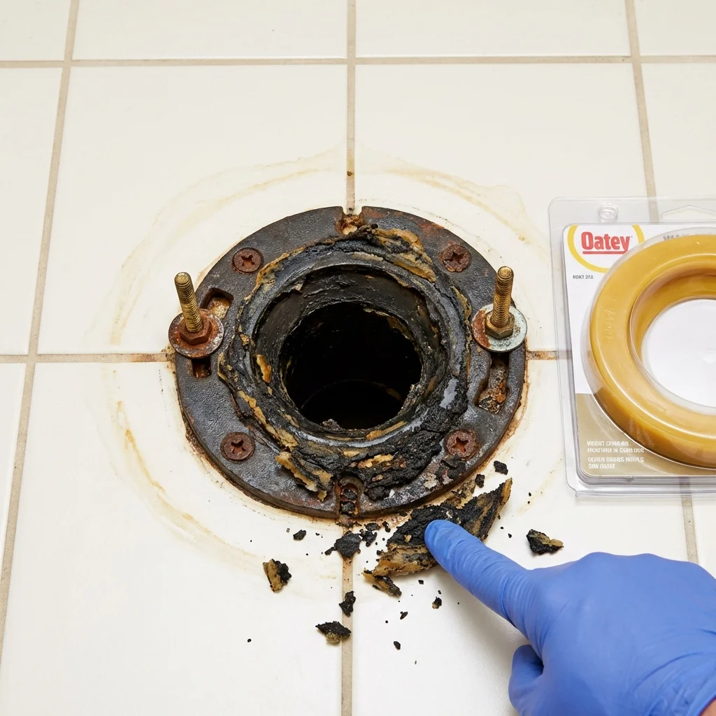 Failed wax ring showing water seepage at the base of a toilet in a Corrigan, TX home