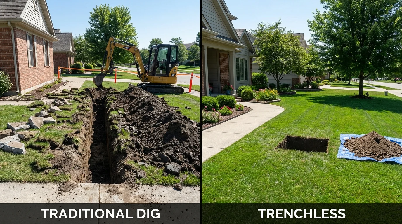 Trenchless sewer repair with minimal yard damage versus traditional excavation in Corrigan, TX