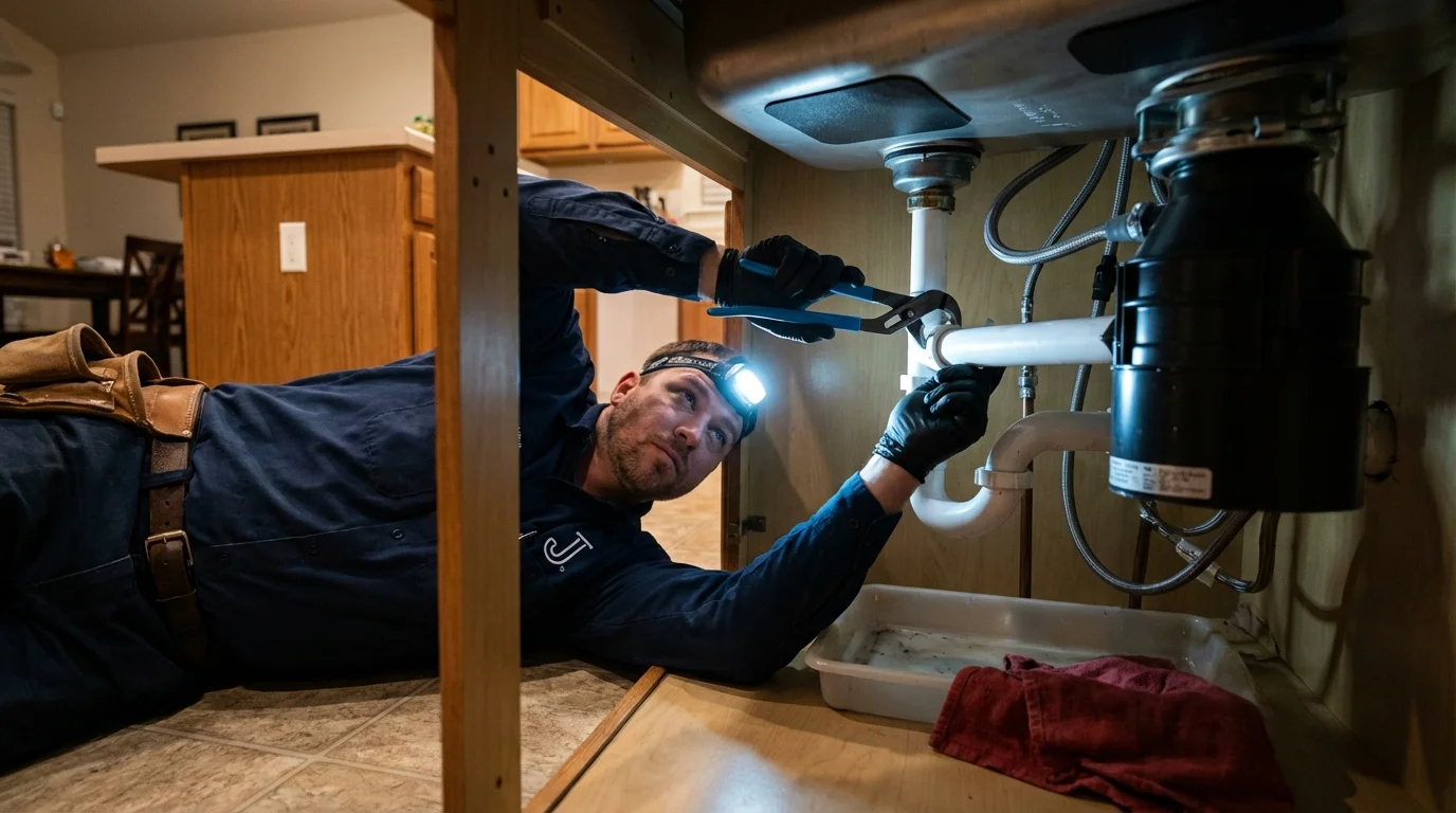 P-trap and supply line connections under a kitchen sink showing a common leak point in Corrigan, TX